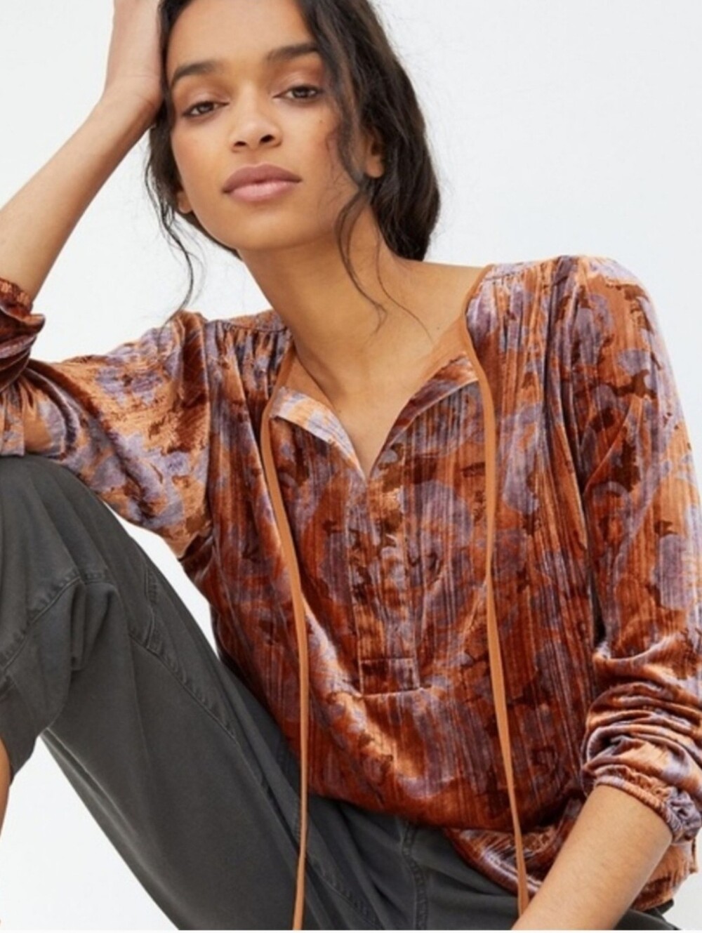 Anthropologie Faustine Velvet Peasant Blouse Rust & Lavender Pastoral Print